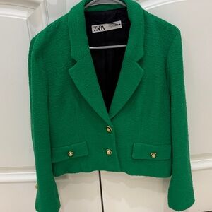 Zara Women's Vibrant Green Blazer with Gold Buttons